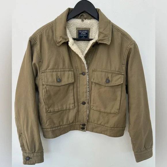 Abercrombie & Fitch Womens Sherpa Lined Jacket Tan Faux Fur Collar Cropped Y2K M - Picture 2 of 7